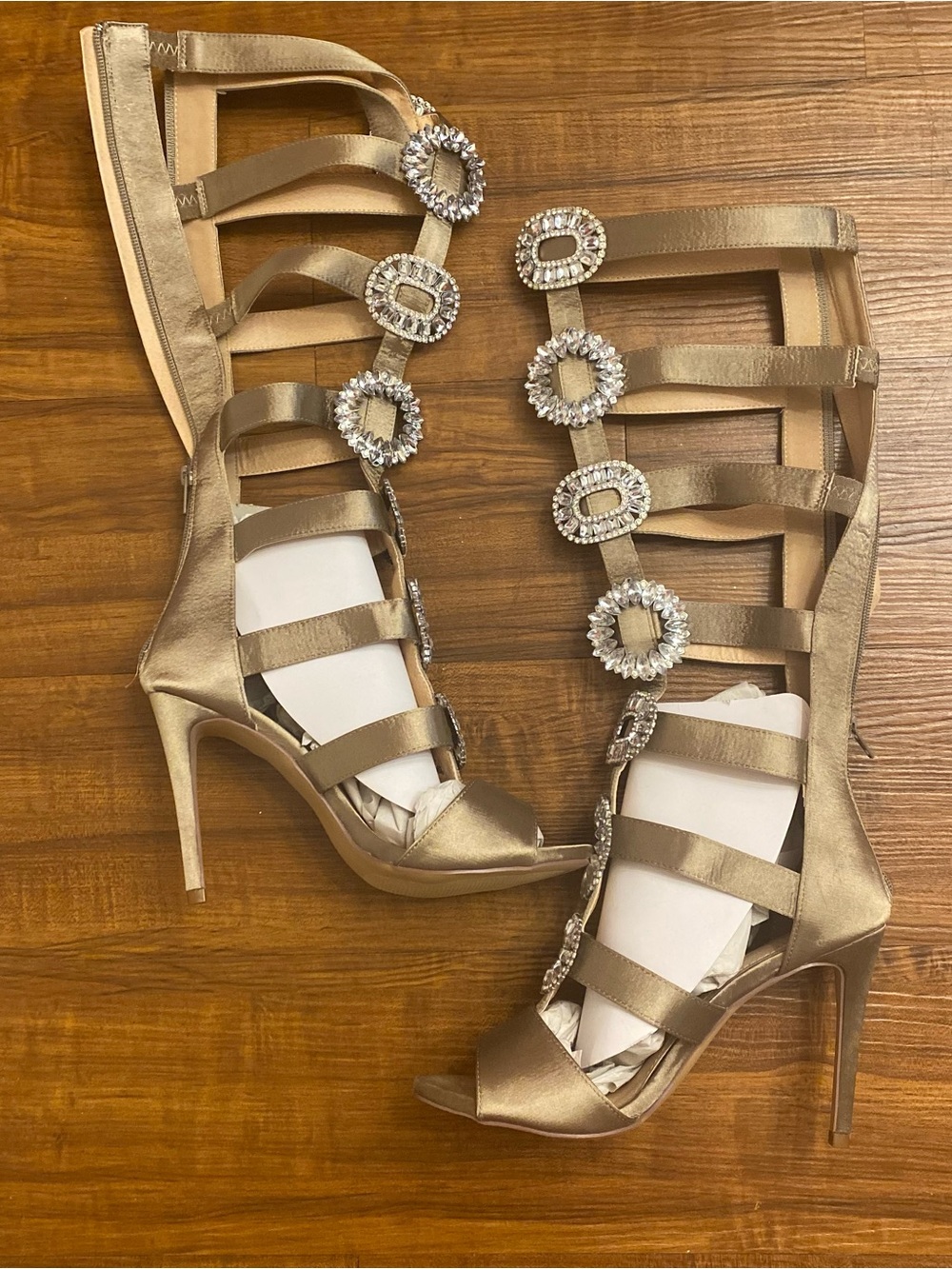 New Women's Light Taupe  Satin Embellished Gladiator High-Heel Sandals